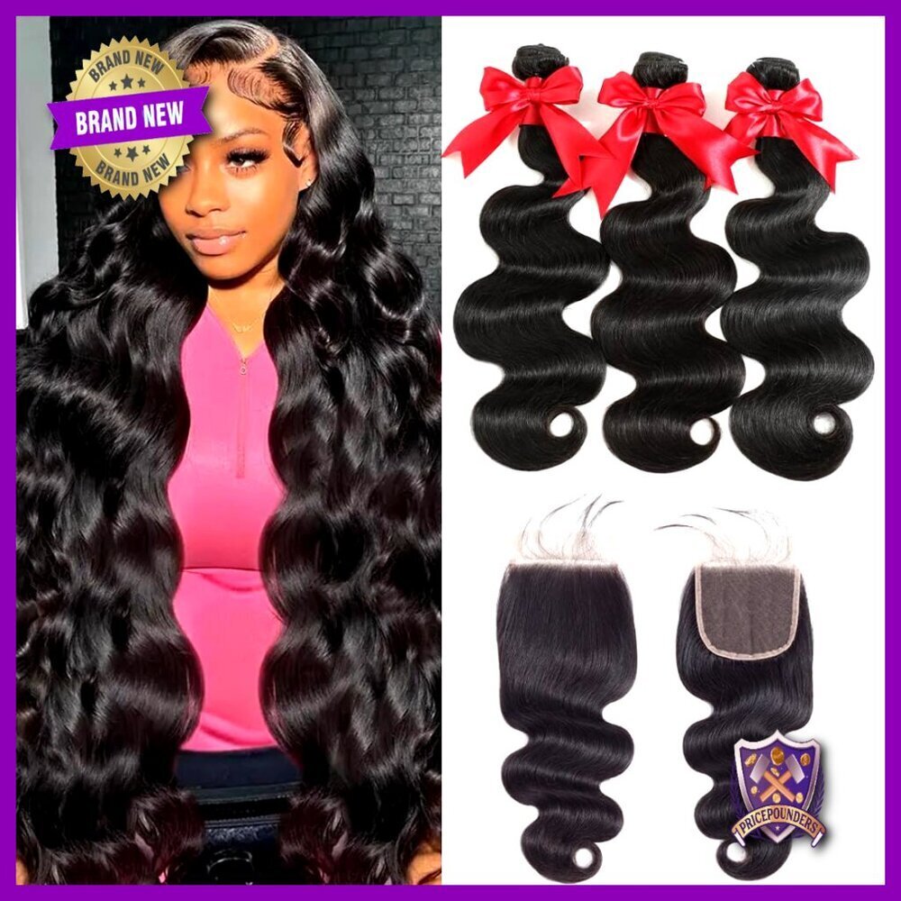 Brazilian Body Wave Human Hair Extensions with HD Lace Closure 3 Bundles